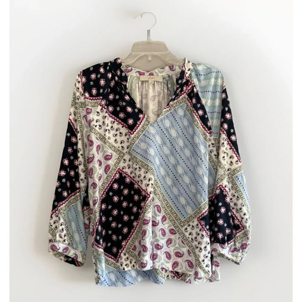 Loft Linen Blend Patchwork Blouse Top Balloon Sleeve Peasant Floral‎ Paisley Med